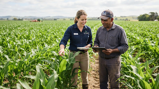Agrónomo asesorando a un agricultor en el campo