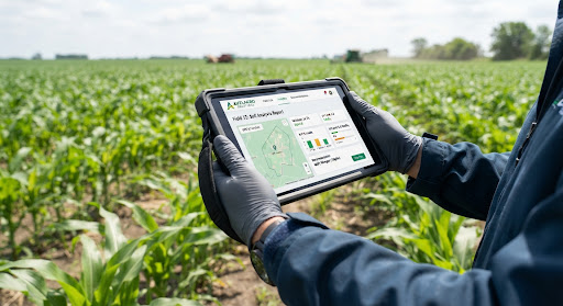 Agrónomo analizando datos de campo con tablet